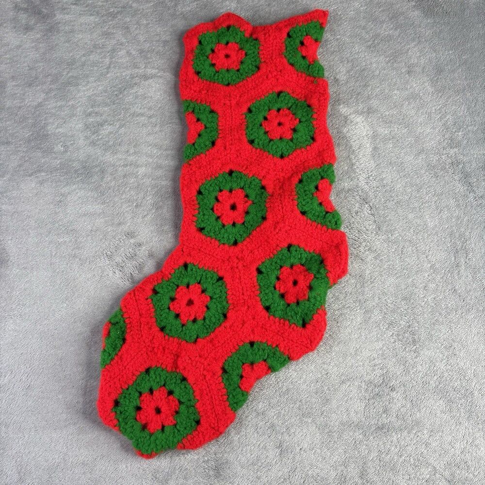 Vintage Granny Square Christmas Stocking Hand Made Crochet‎ Red Green 21"